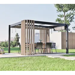 Sojag Lito 1012 | freistehende Pergola 3x3,5  mit Sonnensegel | Holzoptik - Schwarz - Grau