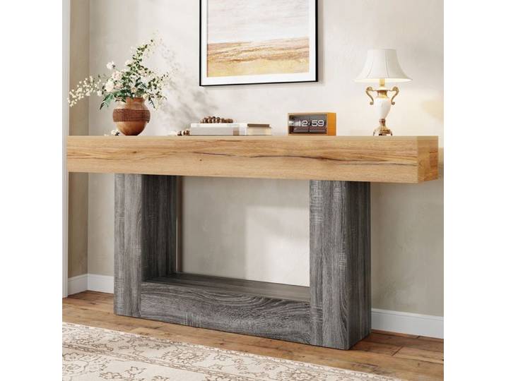 Console bicolore - ZEVKOR - 160×30×82 5 cm - Aspect bois naturel et gris - 1 tablette inférieure - Panneaux de particules