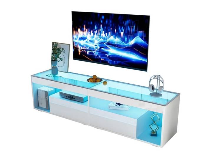 Meuble TV LED ultrabrillant meuble TV noir pour salon avec 2 tiroirs meuble TV console pour salon et chambre à coucher blanc