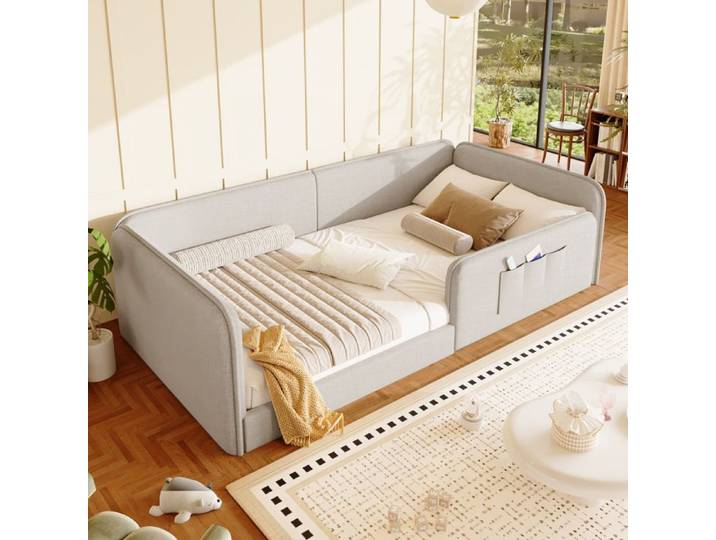 Lit rembourré enfant 90x200cm - Lit plateforme avec barrière de sécurité tout autour et mousse anti-chocs tissu lin beige