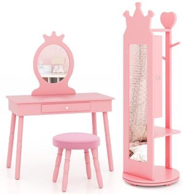 Costway Kids Room Furniture Set Princess Vanity Table and Stool Set with Mirror and Drawer-Pink