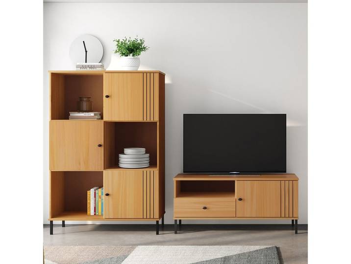 Lomadox Wohnwand WILLOW-69, (2-St., Highboard Lowboard), Kiefer massiv Massivholz eichfarbig Rillen Design