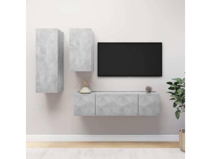 HEFZGDB 4-TLG. TV-Schrank-Set Betongrau Holzwerkstoff Wandmontage Moderner Stauraum Dieses hängende TV-Schrank-Set aus robustem Holzwerkstoff in Betongrau bietet modernes Design