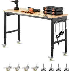 VEVOR Werkbank 1524x559x711-1030mm, 907 kg Tragkraft, Werktisch mit Steckdose, Rädern und Stecktafel, robuster Arbeitstisch mit Eichenholzplatte für Garage, Werkstatt, Büro und Zuhause