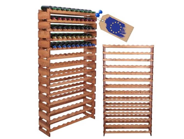 MODO24 Modulares Weinregal aus Holz für 140 Flaschen, 191x103,2x28cm, Braun Kompaktes Flaschenregal & Weinständer aus Naturholz, Modernes Getränkeregal & Weinhalter für Küche, Wohnzimmer & Esstisch