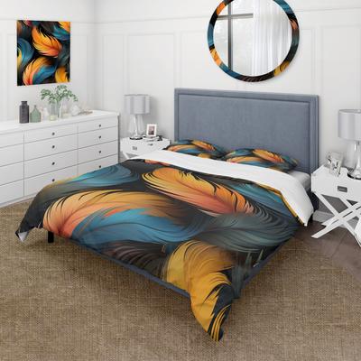 DESIGN ART Designart - Orange And Teal Feather Avian Elegance - Feather Bedding Cover Set - Glam Bed Sets With Shams