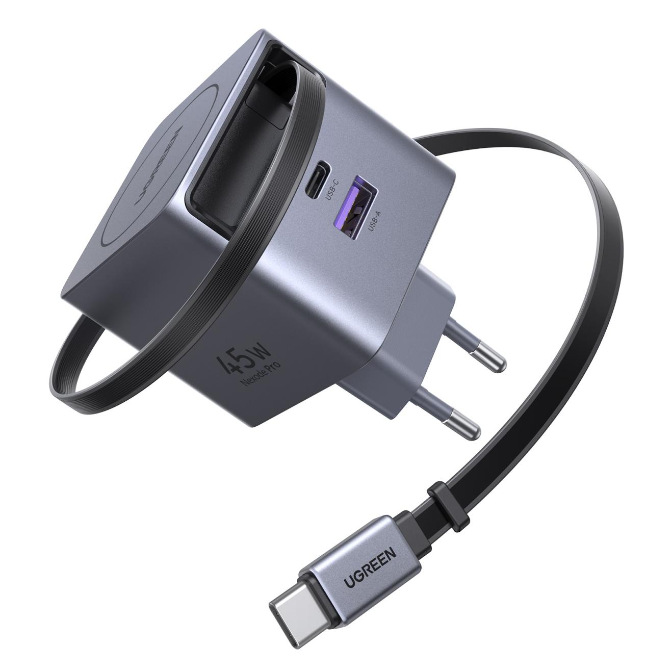 Ugreen Wall GaN Charger- Retractable Cable (45 W, 3 Ports) (65311)