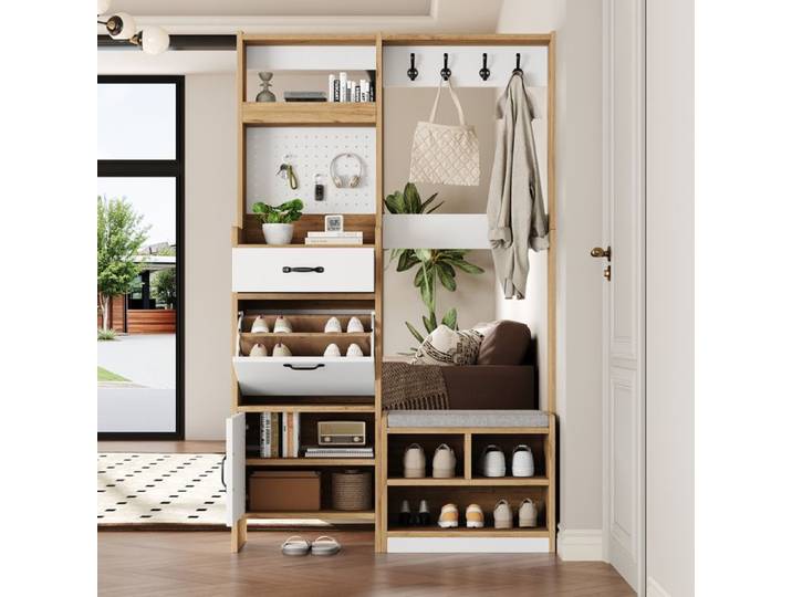 Meuble d'entrée 35 x 180 cm rangement tiroirs étagères blanc 108 5 x 35 x 180 cm extensible panneaux de particules