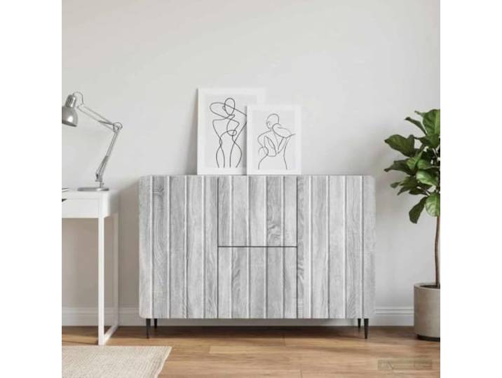 Sideboard Grau Sonoma 89 x 34,5 x 62 cm Holzwerkstoff mit Stahlbeinen 90°-Pendeltüren, Roll-Out-Schubladen, pflegeleichte Oberfläche, modernes Design, stabiler Holzwerkstoff
