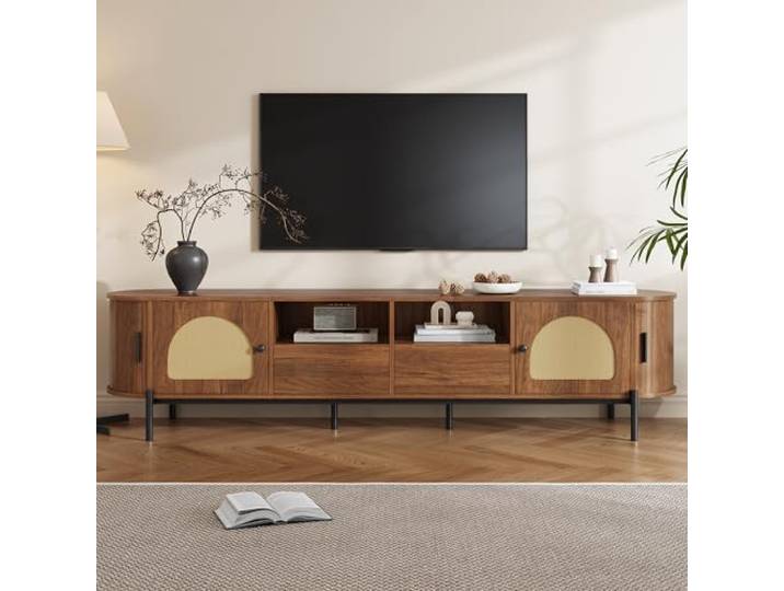 DUlVBPE Ovales TV-Schrank mit Rattan, Schiebetüren, Türen und Schubladen, Holzoptik, Metallbeinen, multifunktionaler Wohnzimmerschrank mit Stauraum