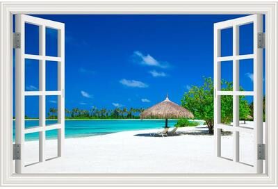 Inspire Select 3D Beach Window View Wall Sticker Ocean Sky Landscape Peel & Stick PVC Wallpaper 10 24 36 In