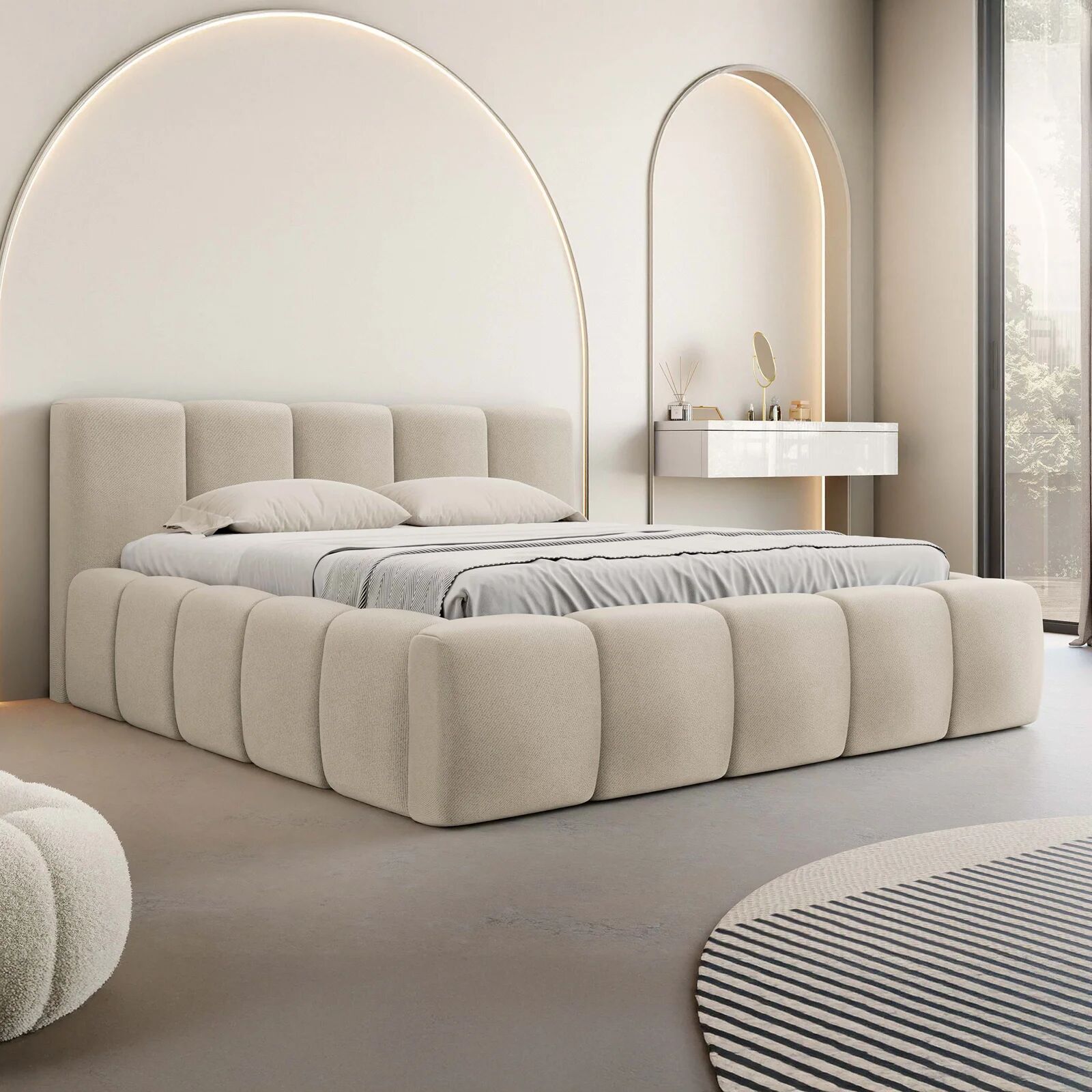 garneroarredamenti Letto alla francese 140x200cm con rete contenitore imbottito beige Aluna