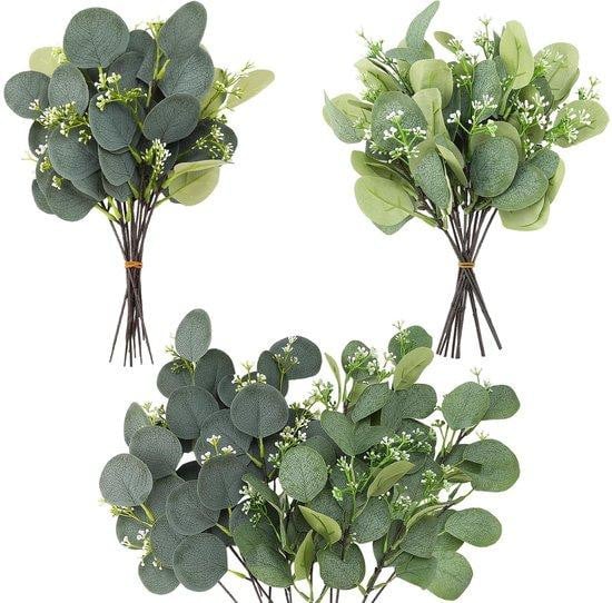 Unyqoos Set van 24 kunststof eucalyptus takken voor realistische groene decoratie