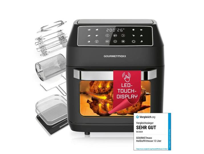 GOURMETmaxx Heißluftfritteuse 12 L Airfryer, Fritteuse mit 9 Funktionen, Touchdisplay, 1700 W, 10 Programme, Touchdisplay und Timer-Funktion, Inkl. Zubehörpaket