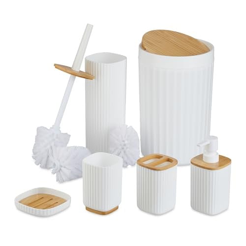 Relaxdays Badkamer set 6-delig bamboe en kunststof wit