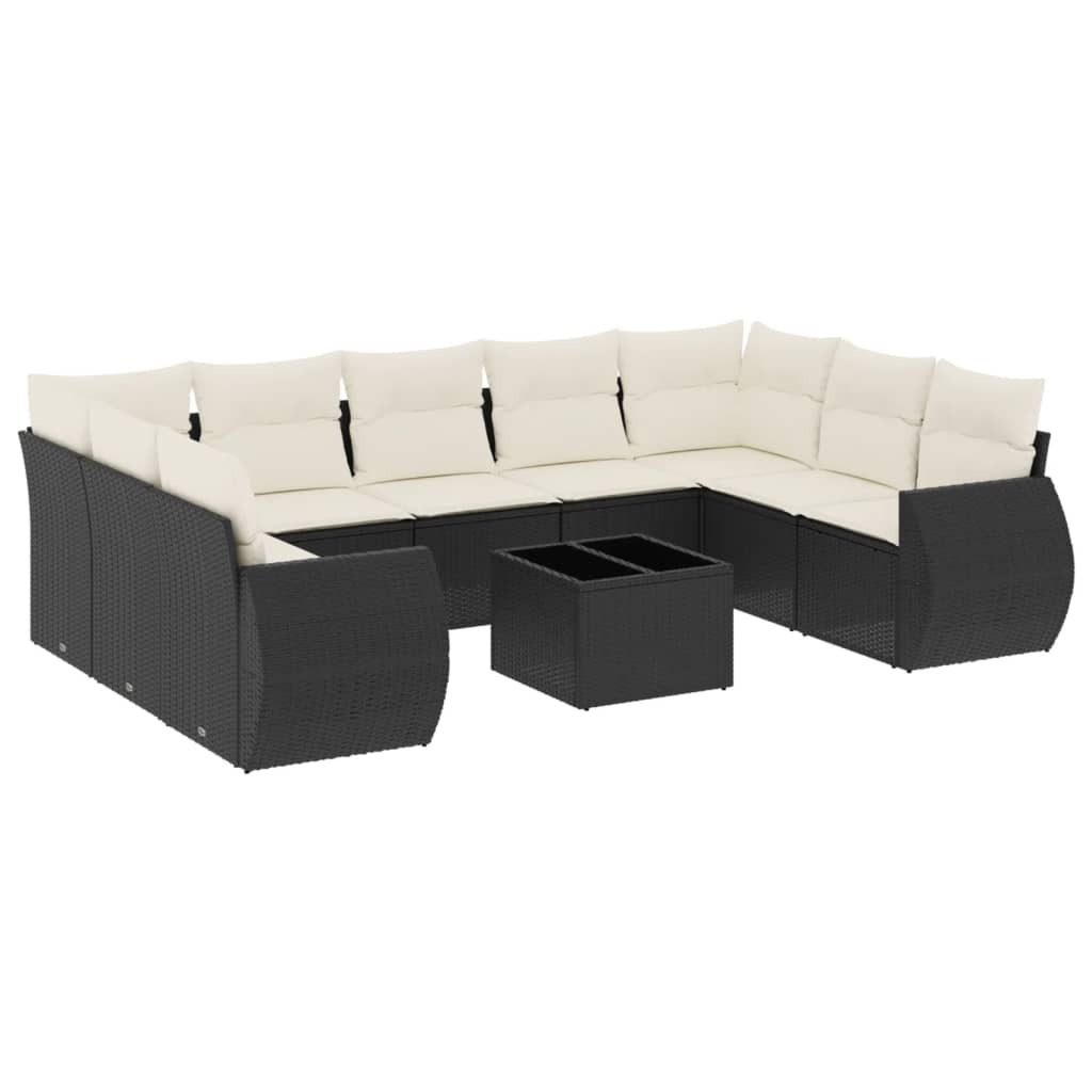 Modulare Garten-Sofagarnitur, 10-teilig, PE-Rattan Schwarz, Stahlrahmen, Hartglas-Tischplatte, cremeweiße Kissen mit waschbaren Bezügen