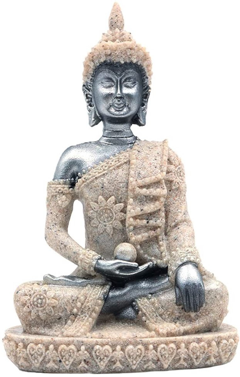 Allecto Boeddha Standbeeld - Zwart Gouden Meditatie Beeldje van Handgesneden Zandsteen voor op een Home Altar