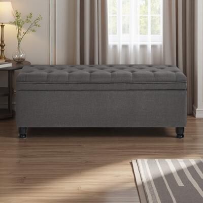 ZWYO HOSIMU "45""L Linen Fabric Upholstered Tufted Button Storage Bench with Spindle Wooden Legs, Comfortable Bed Bench with Spacious Storage"