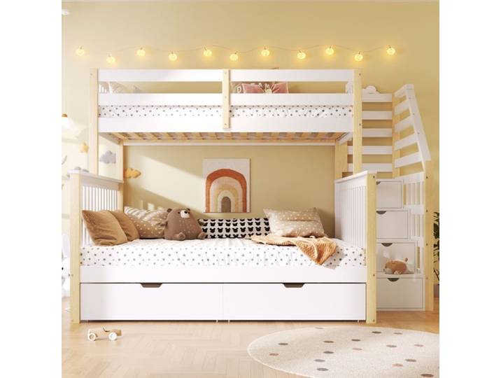 lit superposé 90x200 140x200 lit adulte rangement bois massif pin blanc naturel chambre GRJOFEK