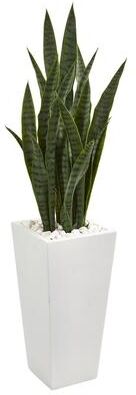 Nearly Natural 4' Sansevieria Artificial Plant in White Tower Planter - Green