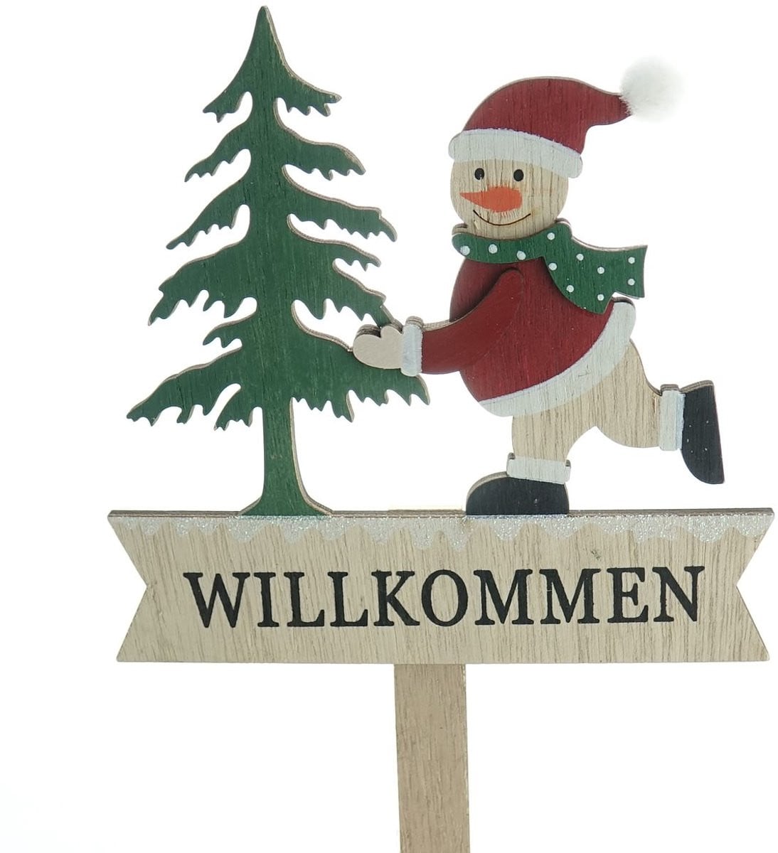 Kerststeker Kerstboom & Sneeuwpop Welkom 39 cm - Hout