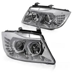 LED Angel Eyes Scheinwerfer Set passend für BMW 3er E90/E91 05-08 chrom mit LED Blinker