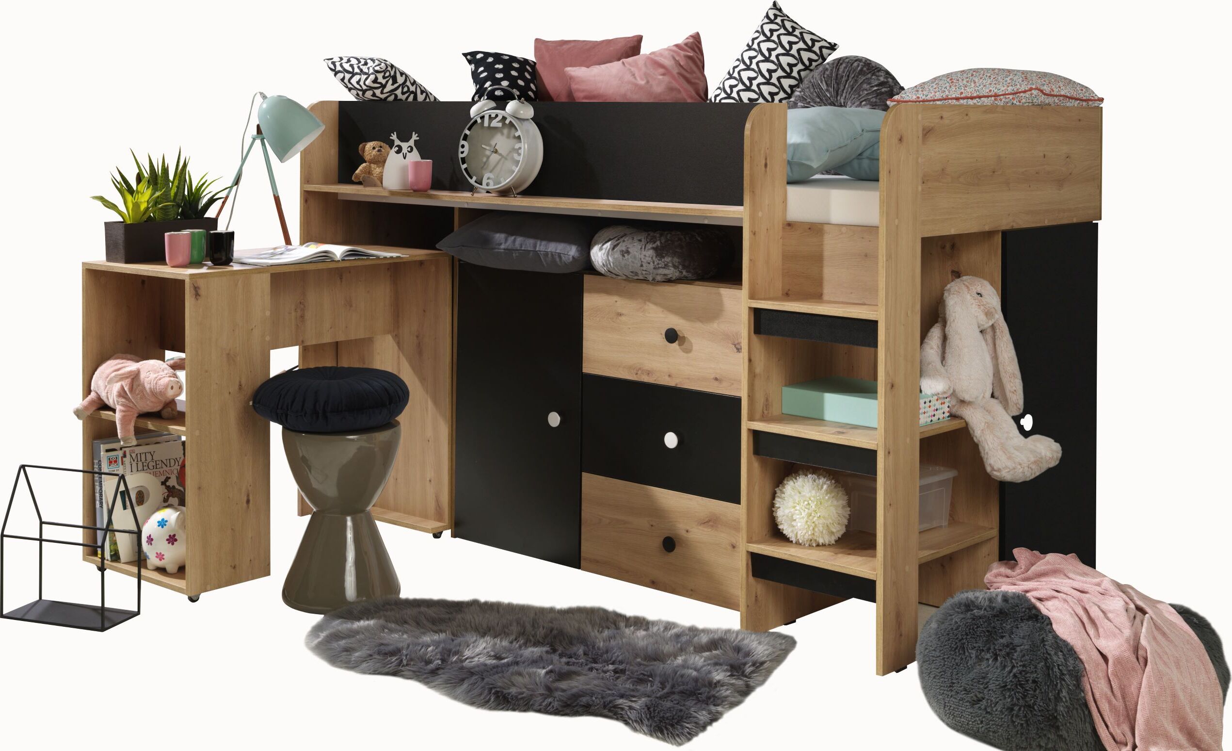 Etagenbett für Kinder SMART 1 Stockbett mit Treppe, Kleiderschrank und Schreibtisch (Artisan Eiche + Schwarz Matt)