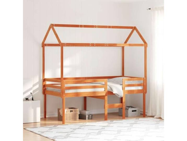 RJPLMFV Hochbett, Kiefer, massiv, 90 x 200 cm, ohne Matratze Zwischengeschoss mit integrierter Leiter, Sicherheitsbarrieren, Dach mit Seitentür, Lamellen inklusive