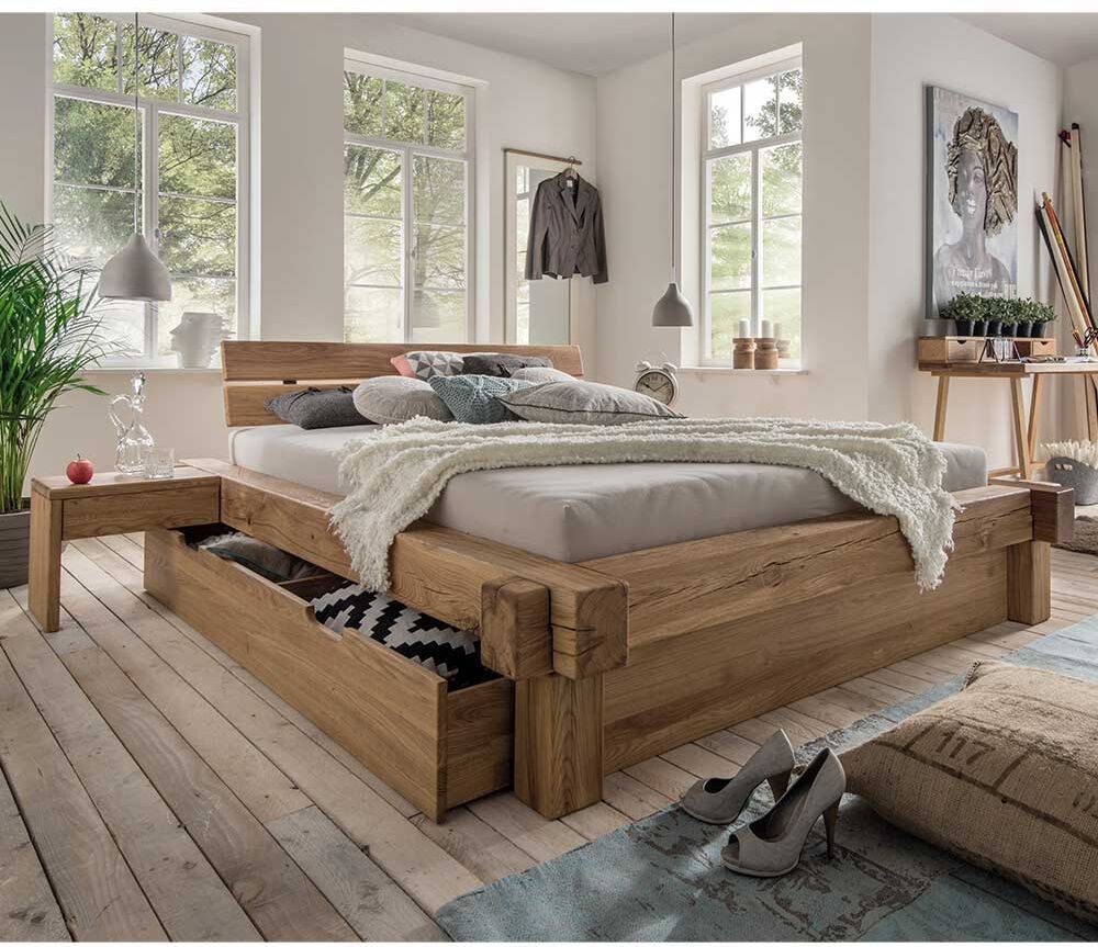 Pharao24.de Doppelbett aus Wildeiche Massivholz Schublade (dreiteilig)