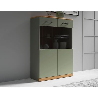 Highboard OTTO HOME "Ribe,125cm hoch,87cm breit,4 breite Fächer", grün (salbei, eiche), B:87cm H:125cm T:35cm, Sideboards, Highboard, Oberplatte Eiche massiv,dunkles Glas, schwarze Metall Griffe