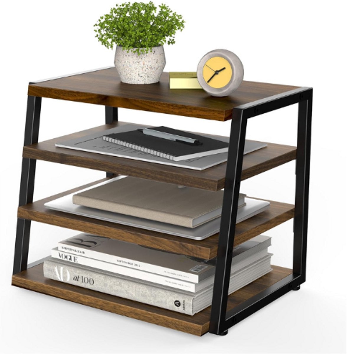 Bureau Organizer 4-Tiers File Organizer Voor Bureau - Houten + Metalen Desktop Opslag Rack Plank - Bruin