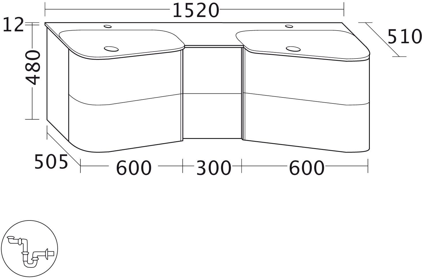 burgbad Badu Mineralguss-Waschtisch inkl. Waschtischunterschrank 152 cm, 2 Schubladen mittig