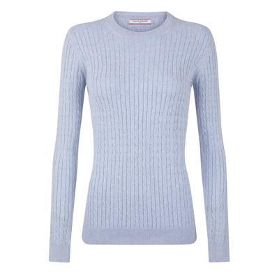 Rundhalspullover FELIX HARDY "Zopfmuster Pullover mit Rundhals", Damen, Gr. L, blau, 100% Baumwolle, Rundhals, Pullover Rundhalspullover