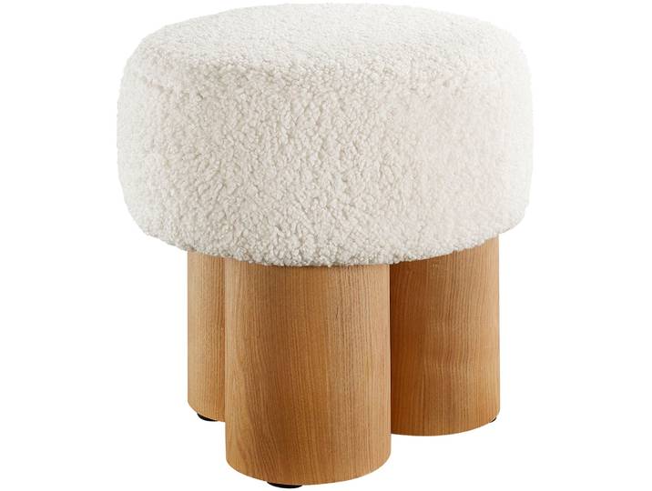 Sitzhocker SALESFEVER mit Teddyfell-Sitzfläche – Grosser Plüsch-Pouf , beige (natur, weiß), B:50cm H:49cm T:50cm, MDF, Eschenholzfurnier, Teddyfell (100% Polyester), Hocker, Sitzhocker, Weicher Design-Hocker für Wohnzimmer & Schlafzimmer