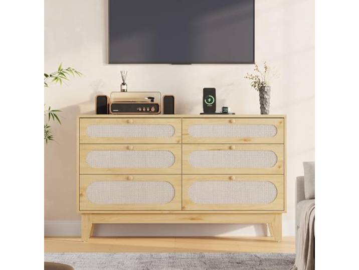 Garvee Rattan-Kommode mit 6 Schubladen aus Massivholz – Modern & Sicher – Integrierte Steckdose, Metall-/Holzgriffe, Kippsicherung – Ideal für Flur, Schlafzimmer, Wohnzimmer – Farbe: Holz