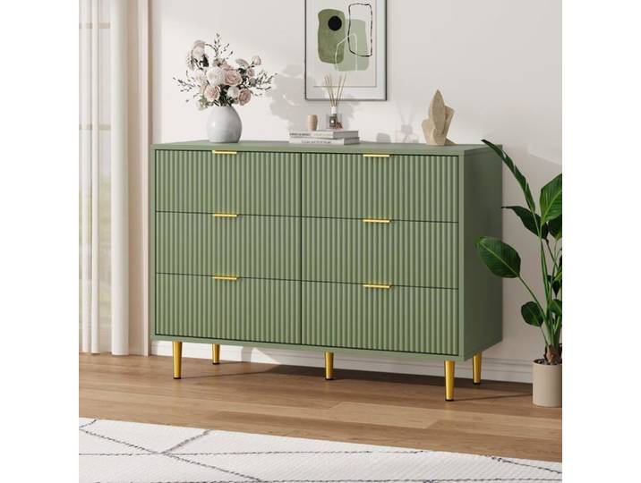 Koioplie Commode moderne 6 tiroirs 100x40x75 cm façade ondulée MDF avec poignées et pieds dorés pour chambre - Avocado green