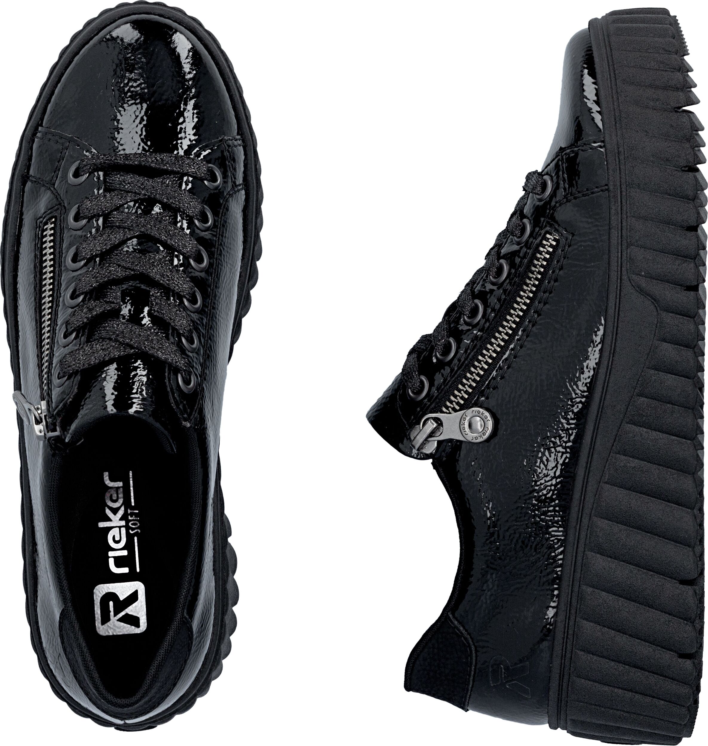 Plateausneaker RIEKER, Damen, Gr. 38, Textil, schwarz, Lackleder, glänzend, Schuhe Plateausneaker, Freizeitschuh, Halbschuh, Schnürschuh mit Plateausohle, Topseller