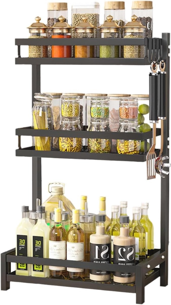 Modern Staand Keuken Kruidenrek - 3-laags Kruidenopbergrek met 4 Haken - Zwart
