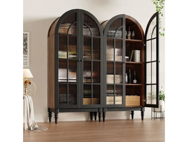 Lot de 2 armoires vitrines Norevia façade en arche et portes vitrées noir hauteur 165 cm