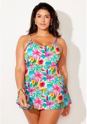 Plus Size Women's Chlorine Resistant Flowy Swimdress by Swimsuits For All in Aqua Tropical (Size 18)