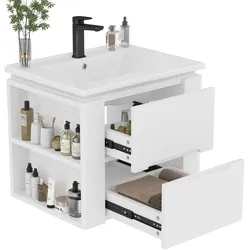 Merax Waschtisch 61×46×48.5 cm, Wandhängender Badezimmerschrank mit LED, 2 Schubladen, seitliche Ablagen, integriertes Keramikbecken, weiß