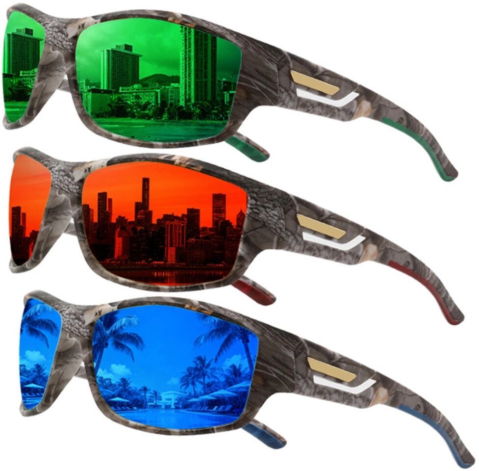 INF Lot de 3 lunettes de soleil polarisées sport avec étuis - verres camo légers à charnières à ressort