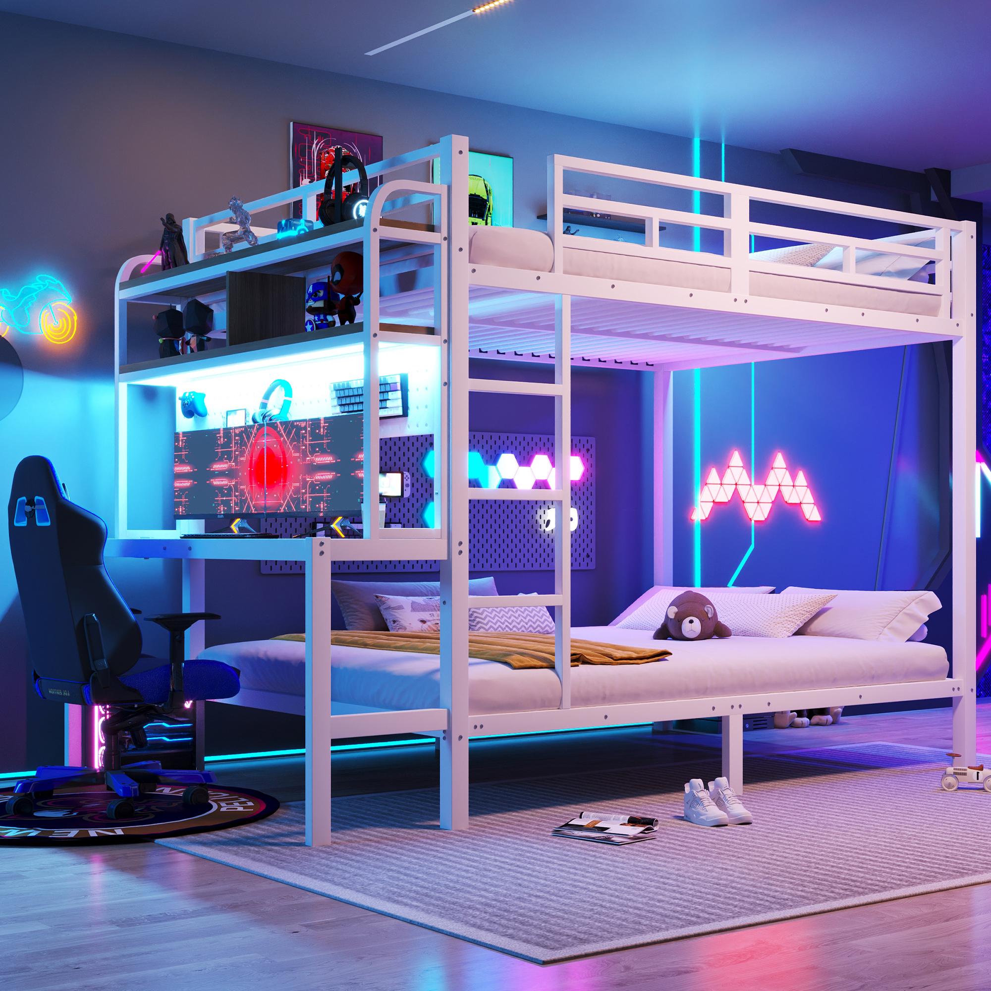 MODFU Etagenbett 140x200 Metallbett Bettgestell mit Sicherheitsgeländern und LED-Lichtleisten,Doppelbett Jugendbett mit USB-Anschluss und Schreibtisch,mit Matratze,Weiß
