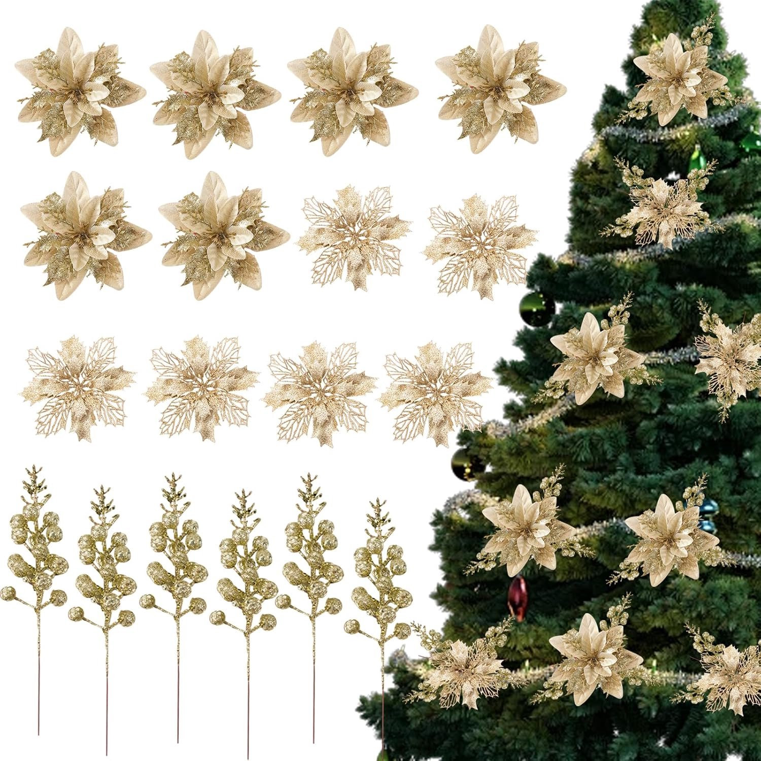 Set van kunstbloemen met 6 gouden bessen