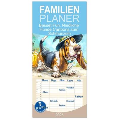 Familienplaner 2026 - Basset Fun. Niedliche Hunde Cartoons zum Schmunzeln mit 5 Spalten (Wandkalender, 21 x 45 cm) CALVENDO