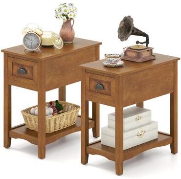 Costway Set of 2 Contemporary Side End Table with Drawer -Natural
