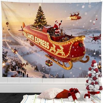 Weihnachts-Wandteppich mit Luftschiff und Kreuzfahrtschiff – festlicher Wandbehang für die Feiertage, dekorativer Wandteppich mit Weihnachtsmann und Schneelandschaft für Schlafzimmer und Wohnzimmer