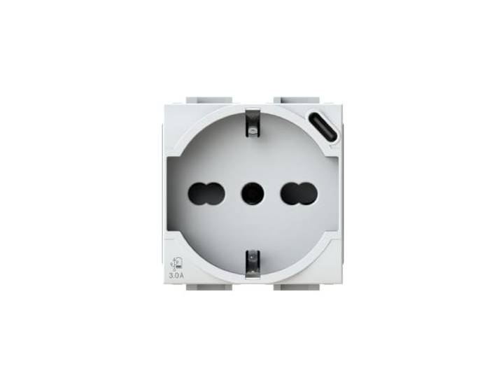 P40 USB3.0 Prise Schuko type P40 avec bloc d'alimentation USB 3 A intégré avec connecteur de type C compatible Bticino LivingLight Blanc