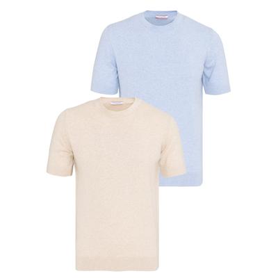 T-Shirt FELIX HARDY "Basic-Strick-T-Shirt, 2er-Pack", Herren, Gr. L, beige (beige, blau meliert), 100% Baumwolle, Shirts T-Shirt