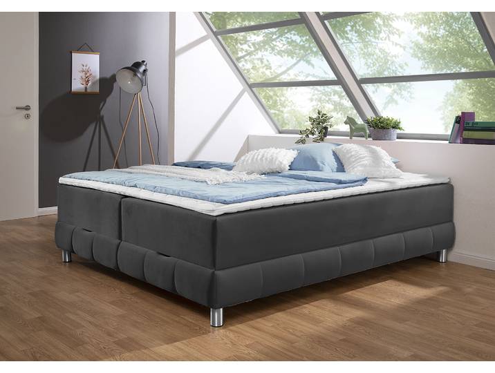 Boxspringbett, Samtstoff, Grau (Schiefer), 200×200 cm, Mit Bettkasten & Topper, Klassisch, Inosign